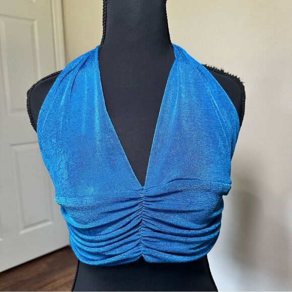 Blue Halter Neck Ruched Women's Top L - Picture 1 of 5